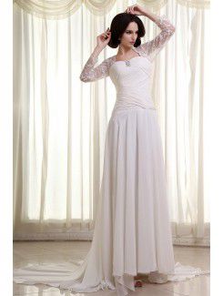 Chiffon Lace Square Cathedral Train Column Wedding Dress with Three-quarter Sleeves