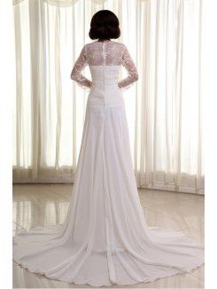 Chiffon Lace Square Cathedral Train Column Wedding Dress with Three-quarter Sleeves