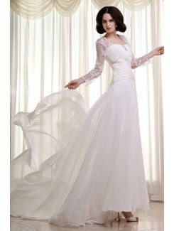 Chiffon Lace Square Cathedral Train Column Wedding Dress with Three-quarter Sleeves