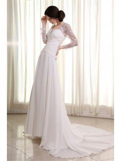 Chiffon Lace Square Cathedral Train Column Wedding Dress with Three-quarter Sleeves