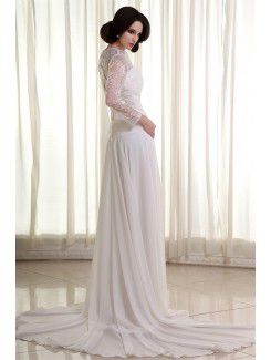 Chiffon Lace Square Cathedral Train Column Wedding Dress with Three-quarter Sleeves