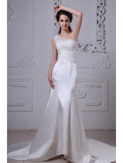 Charmeuse One-Shoulder Cathedral Train Sheath Wedding Dress with Embroidered