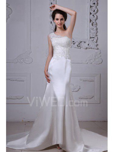 Charmeuse One-Shoulder Cathedral Train Sheath Wedding Dress with Embroidered