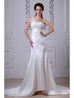 Charmeuse One-Shoulder Cathedral Train Sheath Wedding Dress with Embroidered