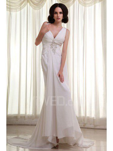 Chiffon and Satin V-Neckline Cathedral Train Sheath Wedding Dress with Ruffle Embroidered