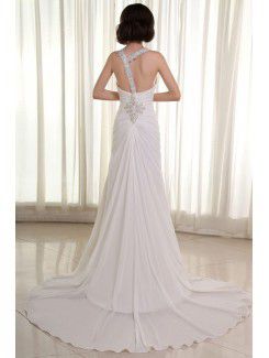 Chiffon and Satin V-Neckline Cathedral Train Sheath Wedding Dress with Ruffle Embroidered