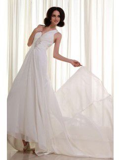 Chiffon and Satin V-Neckline Cathedral Train Sheath Wedding Dress with Ruffle Embroidered