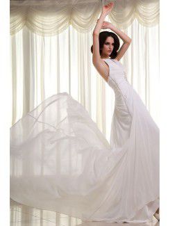 Chiffon and Satin V-Neckline Cathedral Train Sheath Wedding Dress with Ruffle Embroidered