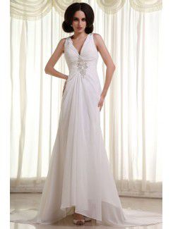 Chiffon and Satin V-Neckline Cathedral Train Sheath Wedding Dress with Ruffle Embroidered