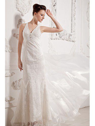 Scollatura a v corte treno abito da sposa guaina chiffon e pizzo