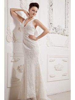 Chiffon and Lace V-Neckline Court Train Sheath Wedding Dress