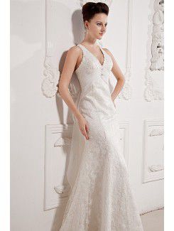 Chiffon and Lace V-Neckline Court Train Sheath Wedding Dress