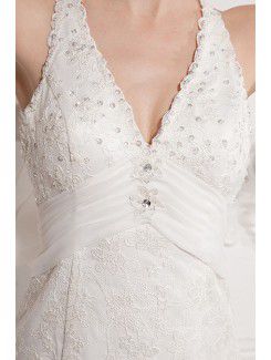 Chiffon and Lace V-Neckline Court Train Sheath Wedding Dress