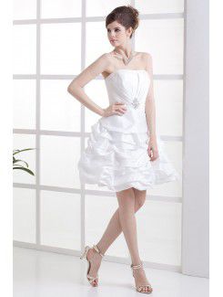 Taffeta Strapless Mini A-line Wedding Dress with Rhinestones and Ruffle