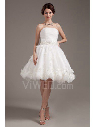 Tulle senza spalline abito da sposa a-line di breve con applique e perline