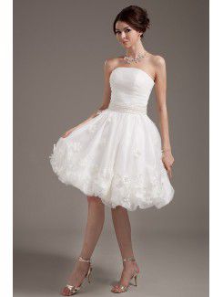 Tulle Strapless Short A-line Wedding Dress with Applique and Beading