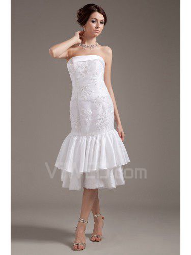 Taffeta and Tulle Strapless Tea-Length Mermaid Wedding Dress with Embroidered