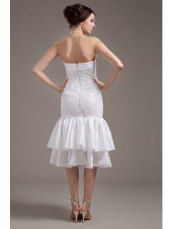 Taffeta and Tulle Strapless Tea-Length Mermaid Wedding Dress with Embroidered