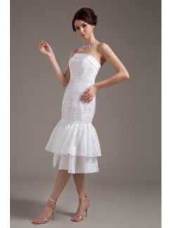 Taffeta and Tulle Strapless Tea-Length Mermaid Wedding Dress with Embroidered