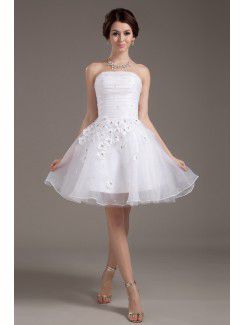 Mesh and Satin Strapless Short A-line Wedding Dress with Flowers