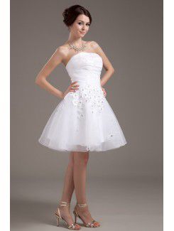 Mesh and Satin Strapless Short A-line Wedding Dress with Flowers