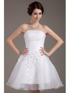 Mesh and Satin Strapless Short A-line Wedding Dress with Flowers