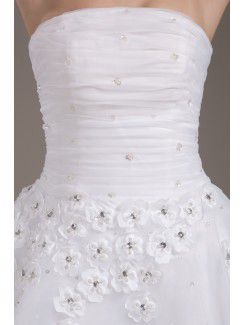 Mesh and Satin Strapless Short A-line Wedding Dress with Flowers