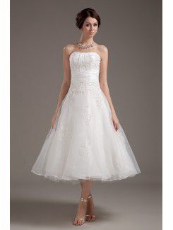 Satin and Tulle Strapless Tea-Length A-line Wedding Dress with Embroidered