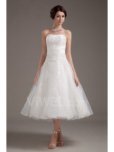 Satin and Tulle Strapless Tea-Length A-line Wedding Dress with Embroidered