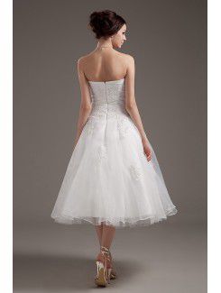 Satin and Tulle Strapless Tea-Length A-line Wedding Dress with Embroidered