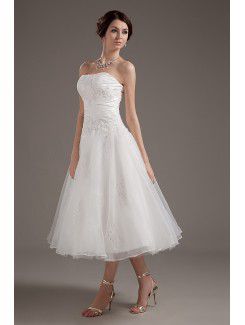 Satin and Tulle Strapless Tea-Length A-line Wedding Dress with Embroidered