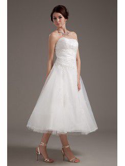 Satin and Tulle Strapless Tea-Length A-line Wedding Dress with Embroidered