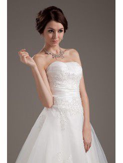 Satin and Tulle Strapless Tea-Length A-line Wedding Dress with Embroidered