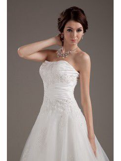 Satin and Tulle Strapless Tea-Length A-line Wedding Dress with Embroidered