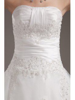 Satin and Tulle Strapless Tea-Length A-line Wedding Dress with Embroidered