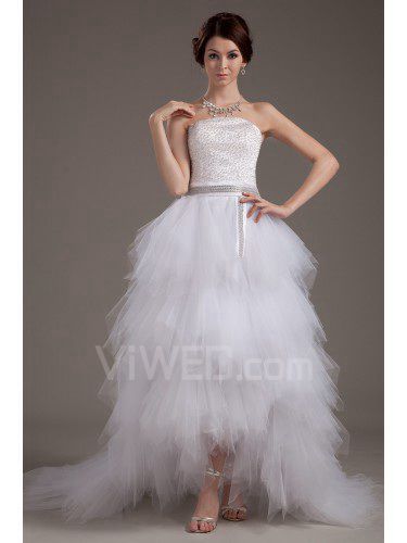 Tulle Strapless Sweep Train A-line Wedding Dress with Sequins