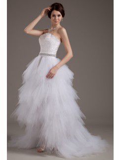 Tulle Strapless Sweep Train A-line Wedding Dress with Sequins