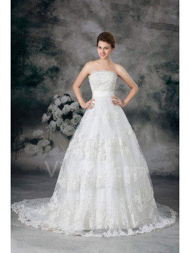 Net Strapless Sweep Train Ball Gown Embroidered Wedding Dress