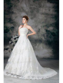 Net Strapless Sweep Train Ball Gown Embroidered Wedding Dress