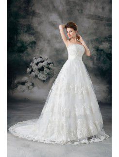 Net Strapless Sweep Train Ball Gown Embroidered Wedding Dress