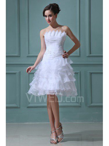 Organza senza spalline al ginocchio abito da sposa a-line con ricamo