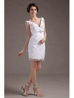 Lace V-Neckline Short Sheath Wedding Dress with Embroidered