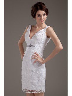 Lace V-Neckline Short Sheath Wedding Dress with Embroidered