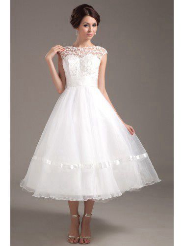 Organza Jewel Tea-Length A-line Wedding Dress with Embroidered