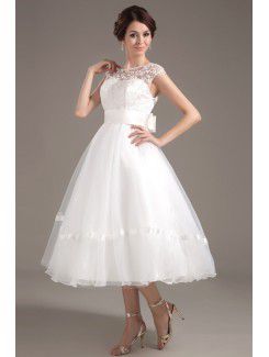 Organza Jewel Tea-Length A-line Wedding Dress with Embroidered