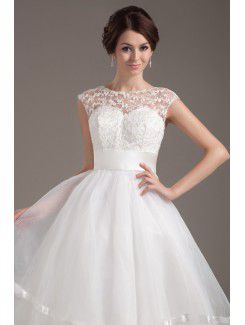 Organza Jewel Tea-Length A-line Wedding Dress with Embroidered