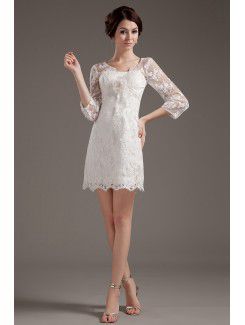 Raso e pizzo abito da sposa a-line senza spalline breve con maniche a tre quartter