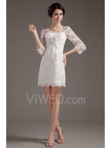 Raso e pizzo abito da sposa a-line senza spalline breve con maniche a tre quartter