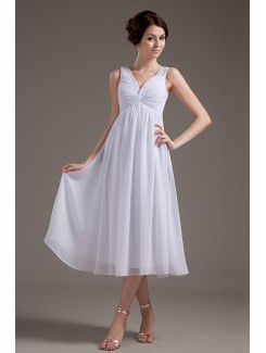 Chiffon V-Neckline Tea-Length Column Wedding Dress with Ruffle