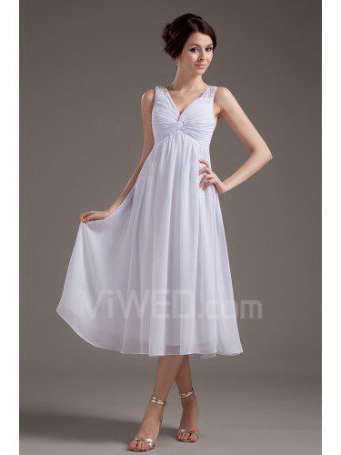 Chiffon V-Neckline Tea-Length Column Wedding Dress with Ruffle
